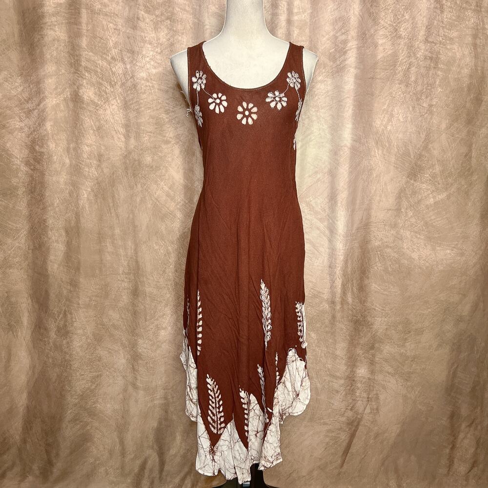 Vintage 90s Floral Boho Shift Dress Brown Handkerchief Sleeveless Embroidered